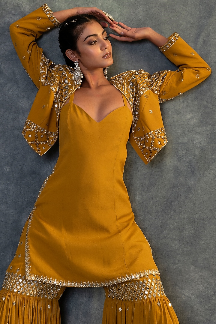 Mustard Yellow Moss Crepe Wedding Sharara Set by Kaprapan By Anaita Shah at Pernia's Pop Up Shop