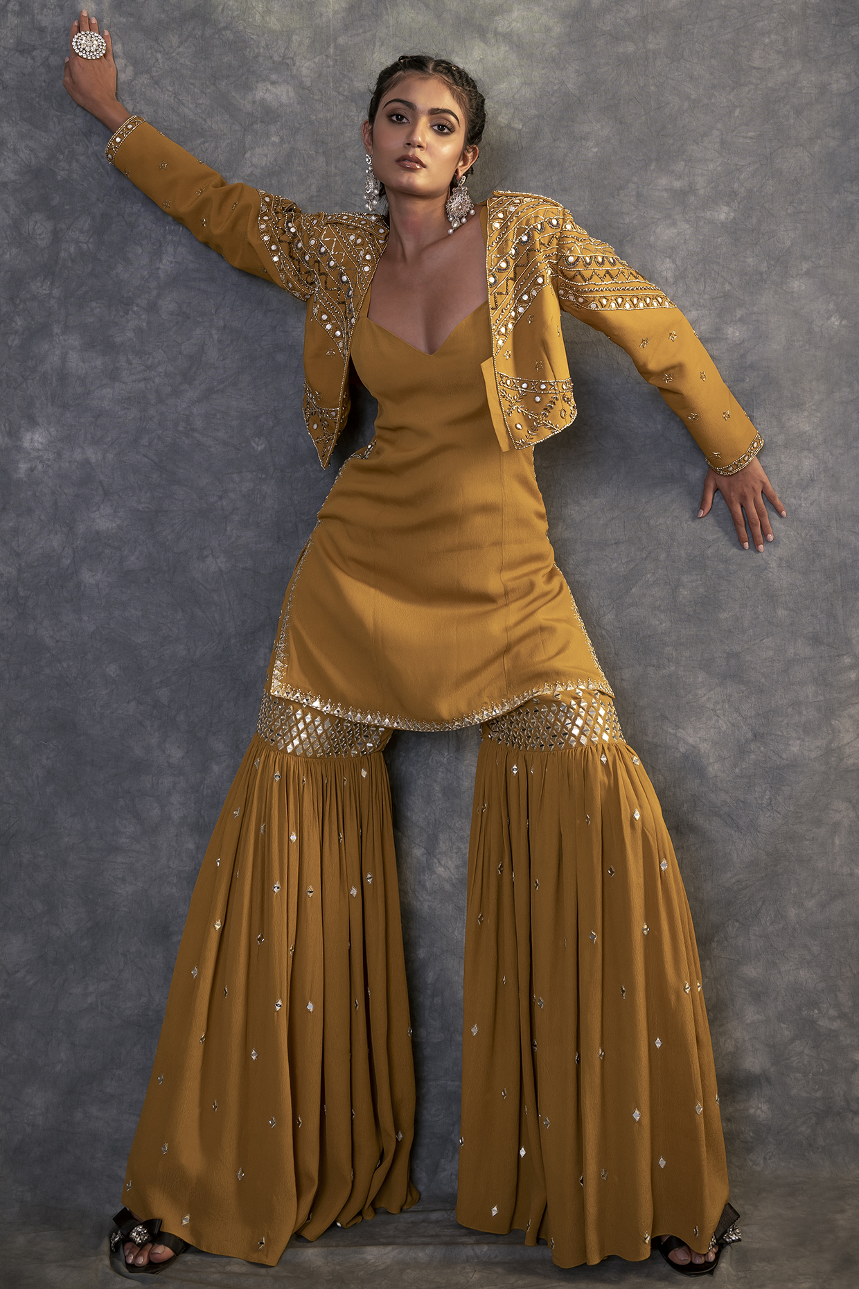 Mustard Yellow Crepe Sharara Set by Kaprapan