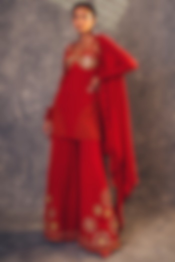Red Embroidered Sharara Set With Cape by Kaprapan