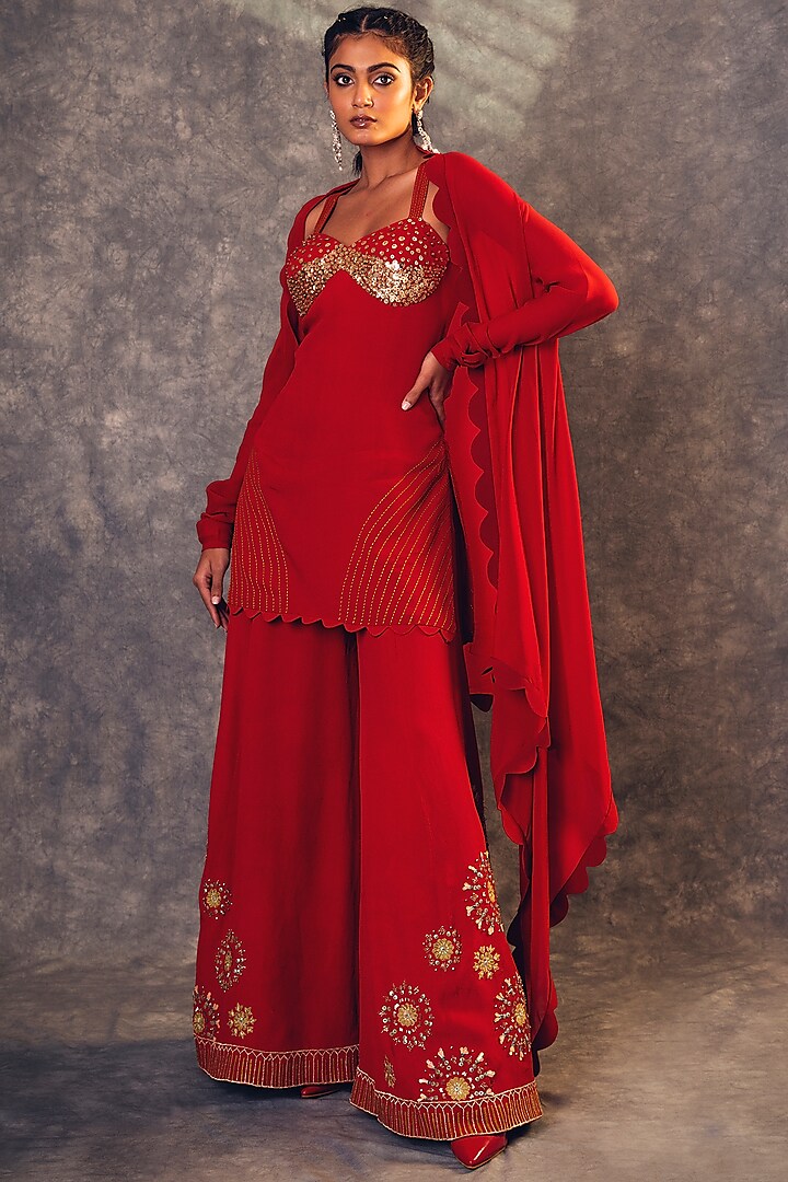 Red Embroidered Sharara Set With Cape by Kaprapan
