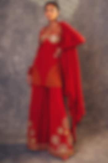 Red Embroidered Sharara Set by Kaprapan