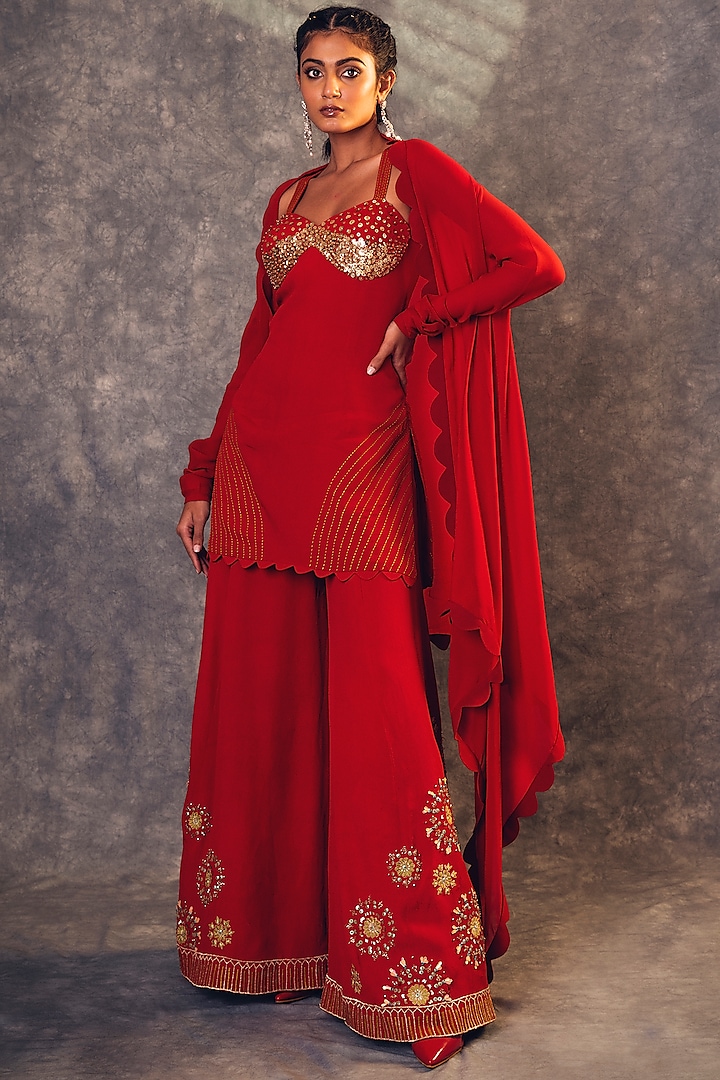 Red Embroidered Sharara Set by Kaprapan By Anaita Shah
