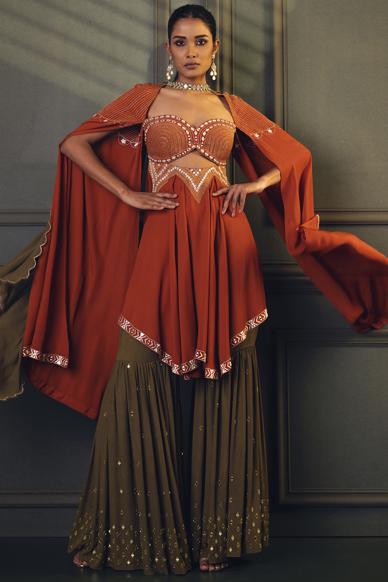 Burnt Orange Embroidered Sharara Set by Kaprapan