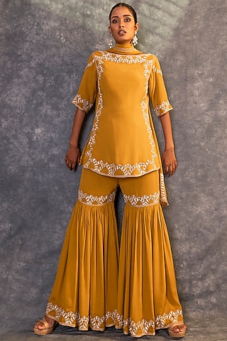 Mustard Yellow Embroidered Sharara Set by Kaprapan By Anaita Shah