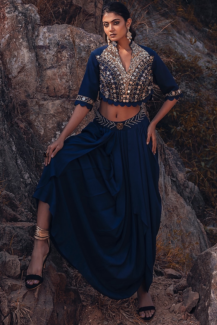 Navy Blue Moss Crepe Skirt Set by Kaprapan