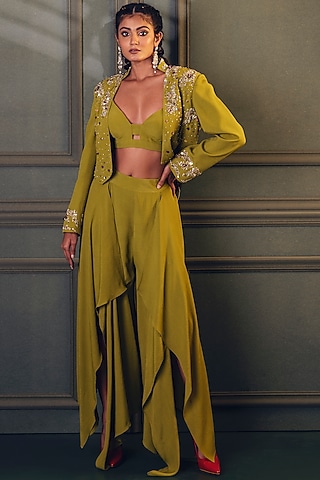 Lime Green Embroidered Jacket Set by Kaprapan By Anaita Shah
