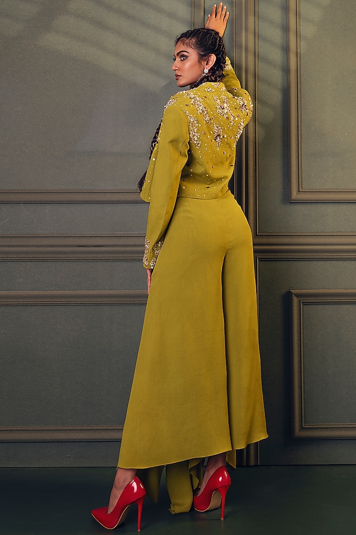 Lime Green Embroidered Jacket Set by Kaprapan By Anaita Shah at Pernia's Pop Up Shop