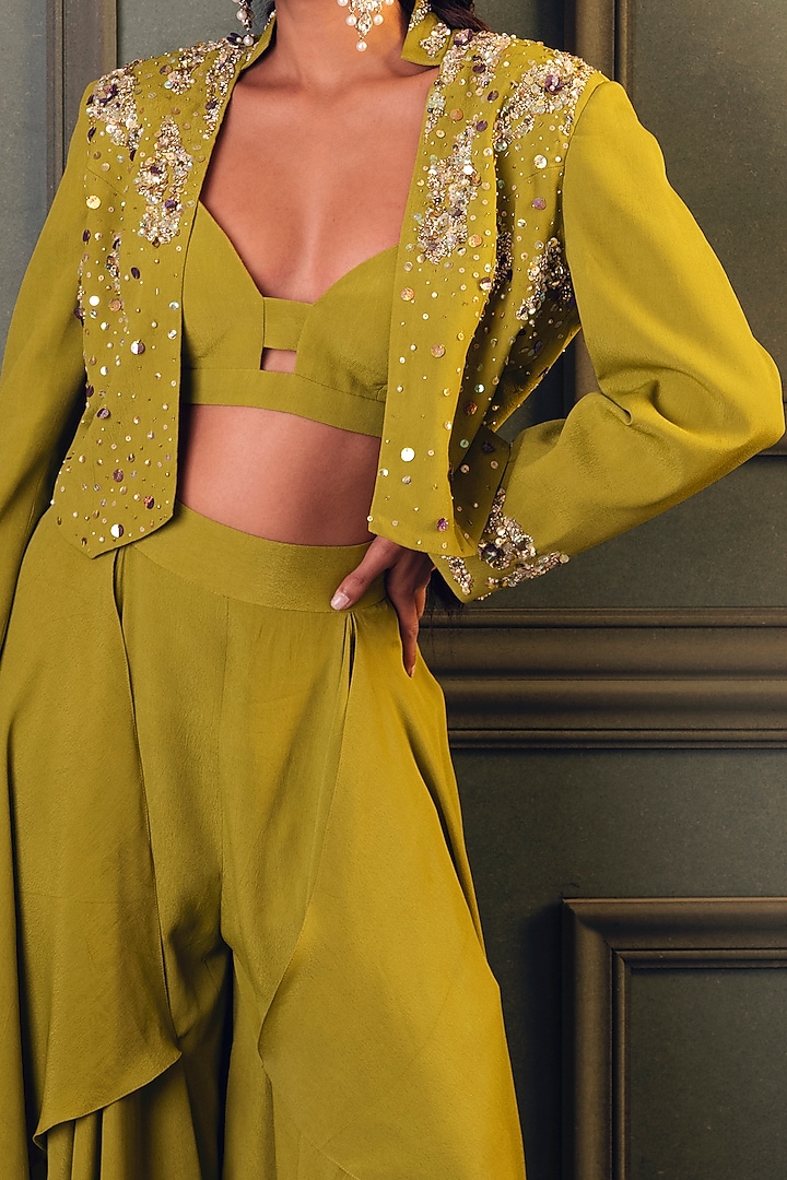 Lime Green Embroidered Jacket Set by Kaprapan By Anaita Shah at Pernia's Pop Up Shop