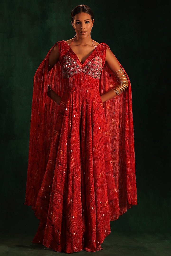 Red & Yellow Chiffon Printed Jumpsuit by Kaprapan By Anaita Shah