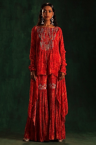 Red & Yellow Chiffon Printed Sharara Set by Kaprapan By Anaita Shah