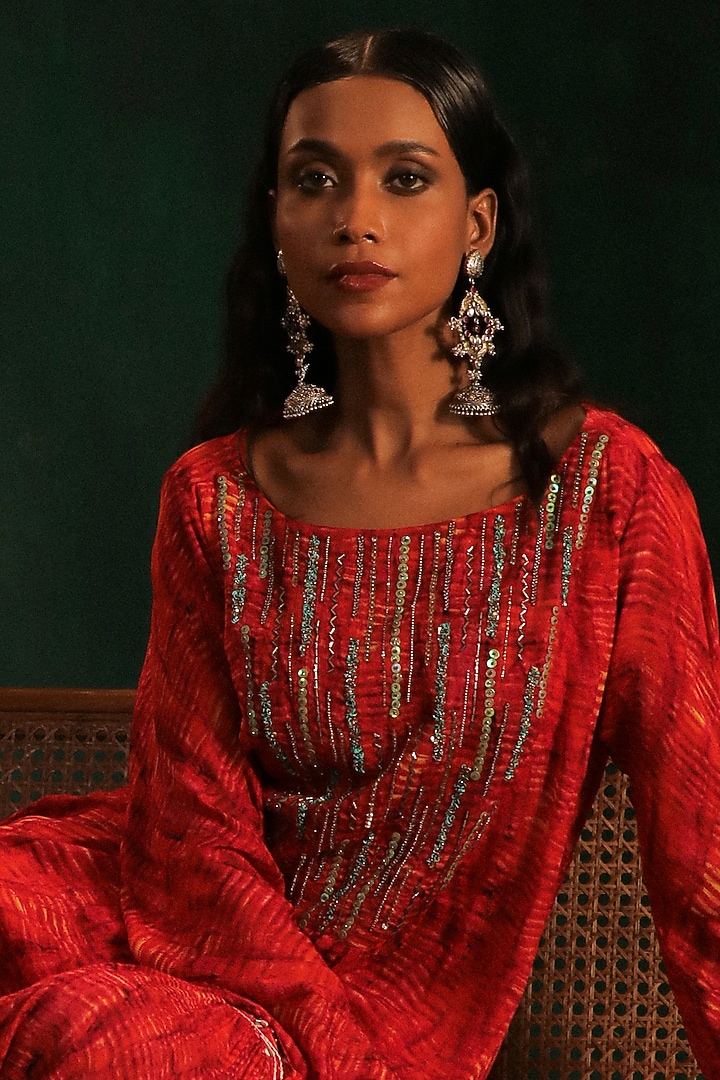 Red & Yellow Chiffon Printed Wedding Sharara Set by Kaprapan By Anaita Shah at Pernia's Pop Up Shop