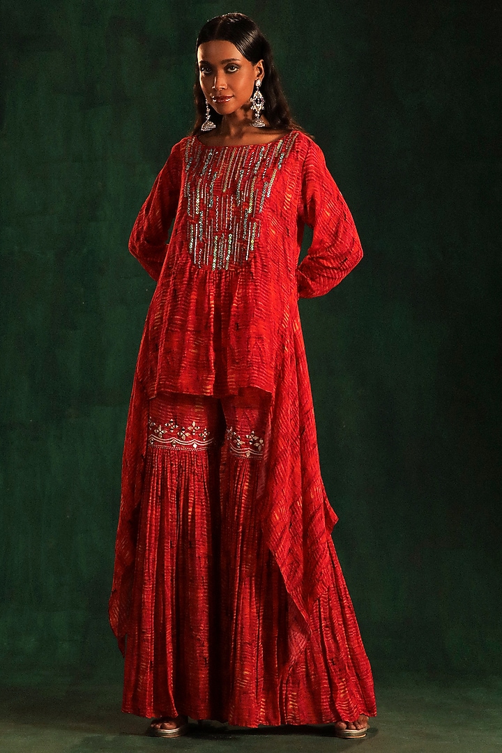 Red & Yellow Chiffon Printed Wedding Sharara Set by Kaprapan By Anaita Shah at Pernia's Pop Up Shop