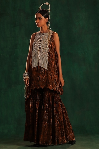 Black & Gold Crepe Printed Sharara Set by Kaprapan By Anaita Shah