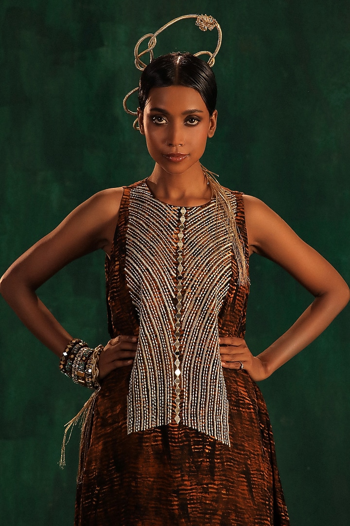 Black & Gold Crepe Printed Wedding Sharara Set by Kaprapan By Anaita Shah at Pernia's Pop Up Shop