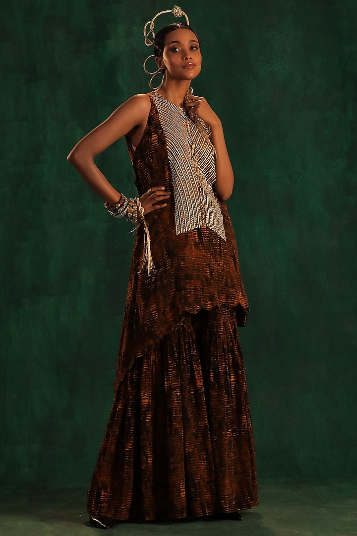 Black & Gold Crepe Printed Wedding Sharara Set by Kaprapan By Anaita Shah at Pernia's Pop Up Shop