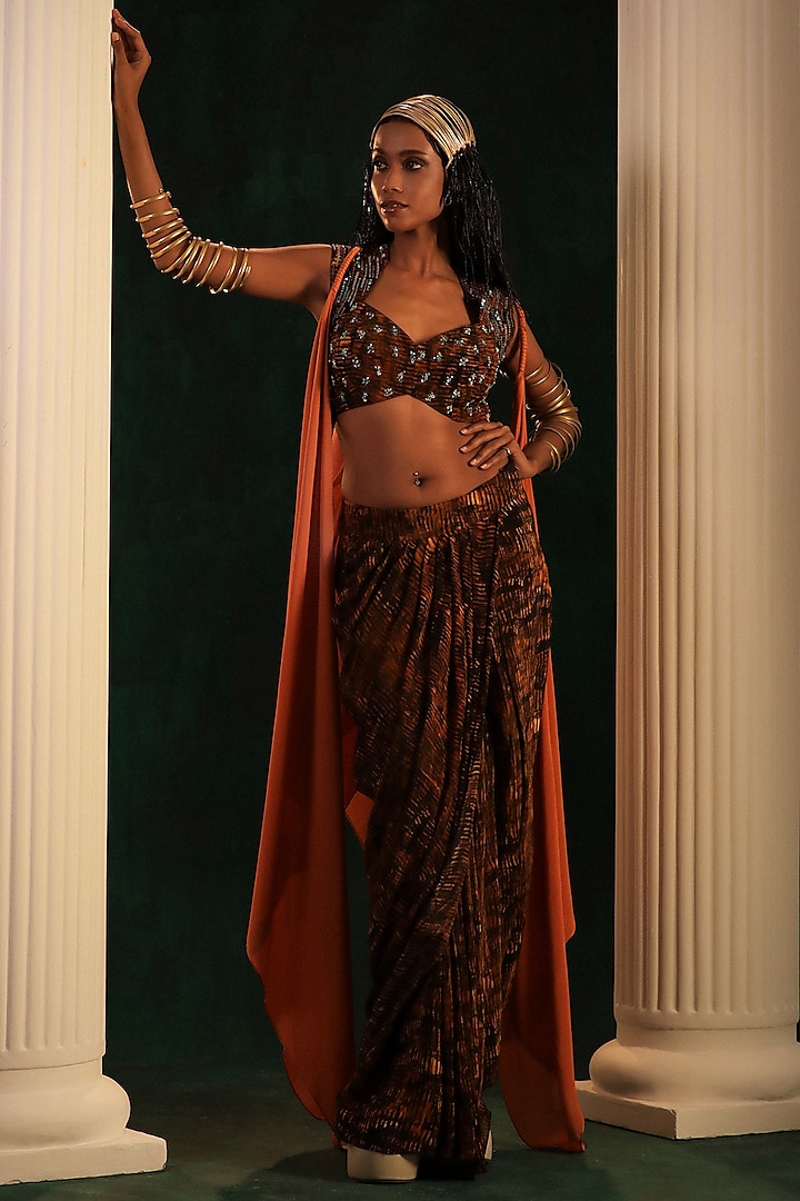 Black & Gold Crepe Printed Draped Skirt Set by Kaprapan By Anaita Shah