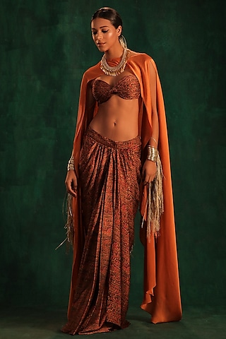 Pink & Gold Satin Printed Draped Skirt Set by Kaprapan By Anaita Shah