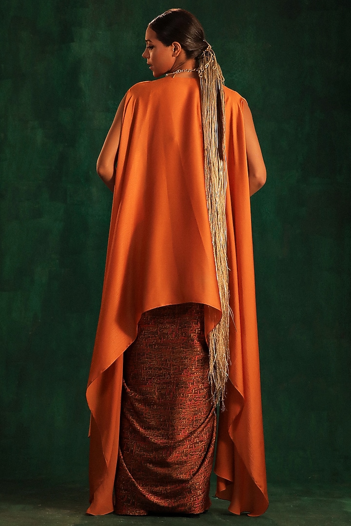 Pink & Gold Satin Printed Draped Skirt Set by Kaprapan By Anaita Shah at Pernia's Pop Up Shop