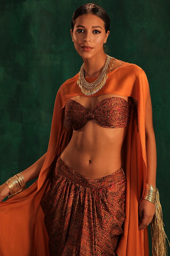 Pink & Gold Satin Printed Draped Skirt Set by Kaprapan By Anaita Shah at Pernia's Pop Up Shop