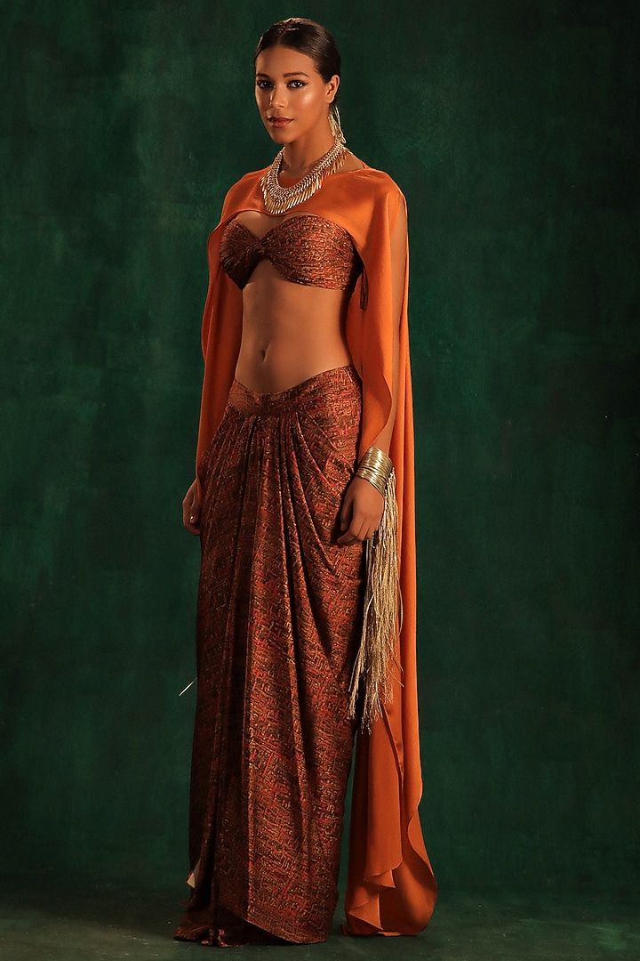 Pink & Gold Satin Printed Draped Skirt Set by Kaprapan By Anaita Shah at Pernia's Pop Up Shop