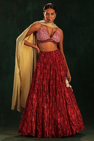 Fuchsia & Purple Chiffon Printed Lehenga Set by Kaprapan By Anaita Shah