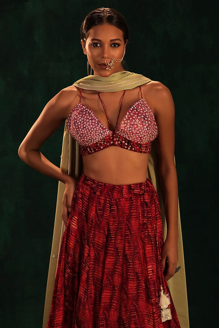 Fuchsia & Purple Chiffon Printed Wedding Lehenga Set by Kaprapan By Anaita Shah at Pernia's Pop Up Shop