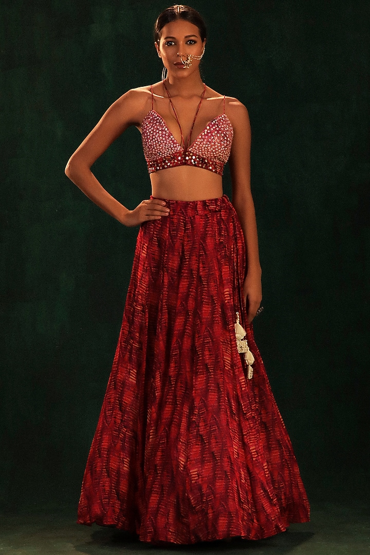 Fuchsia & Purple Chiffon Printed Wedding Lehenga Set by Kaprapan By Anaita Shah at Pernia's Pop Up Shop