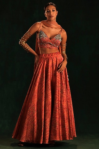 Candy Pink & Gold Satin Printed Lehenga Set by Kaprapan By Anaita Shah