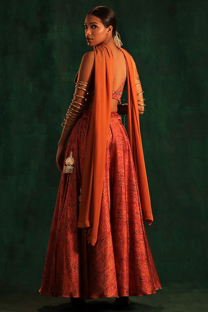 Candy Pink & Gold Satin Printed Wedding Lehenga Set by Kaprapan By Anaita Shah at Pernia's Pop Up Shop