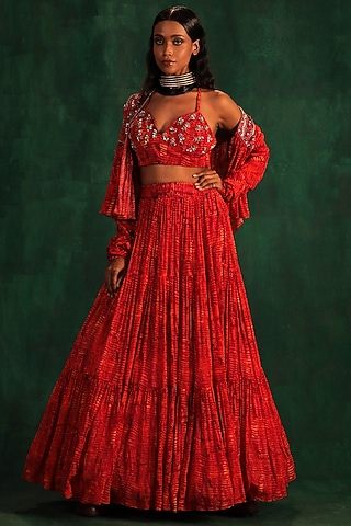 Red & Yellow Chiffon Printed Jacket Lehenga Set by Kaprapan By Anaita Shah