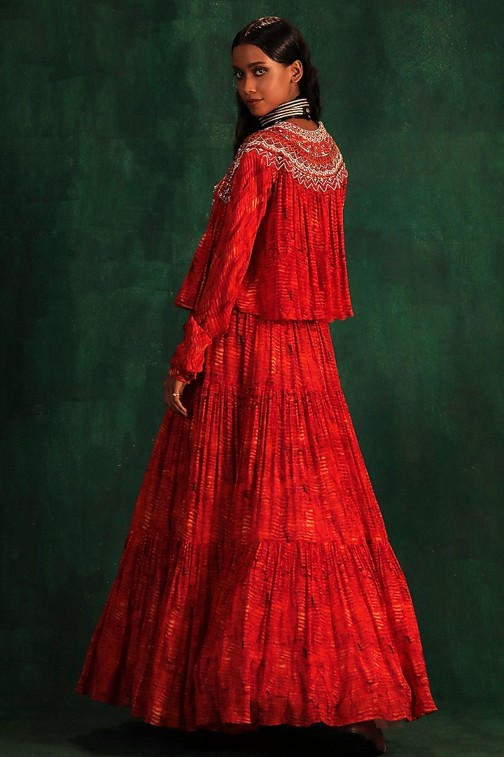 Red & Yellow Chiffon Printed Jacket Wedding Lehenga Set by Kaprapan By Anaita Shah at Pernia's Pop Up Shop