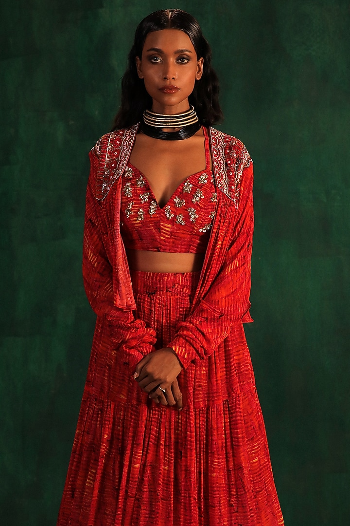 Red & Yellow Chiffon Printed Jacket Wedding Lehenga Set by Kaprapan By Anaita Shah at Pernia's Pop Up Shop