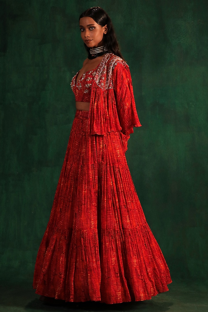 Red & Yellow Chiffon Printed Jacket Wedding Lehenga Set by Kaprapan By Anaita Shah at Pernia's Pop Up Shop