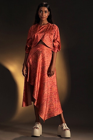 Candy Pink & Gold Satin Printed Co-Ord Set by Kaprapan By Anaita Shah