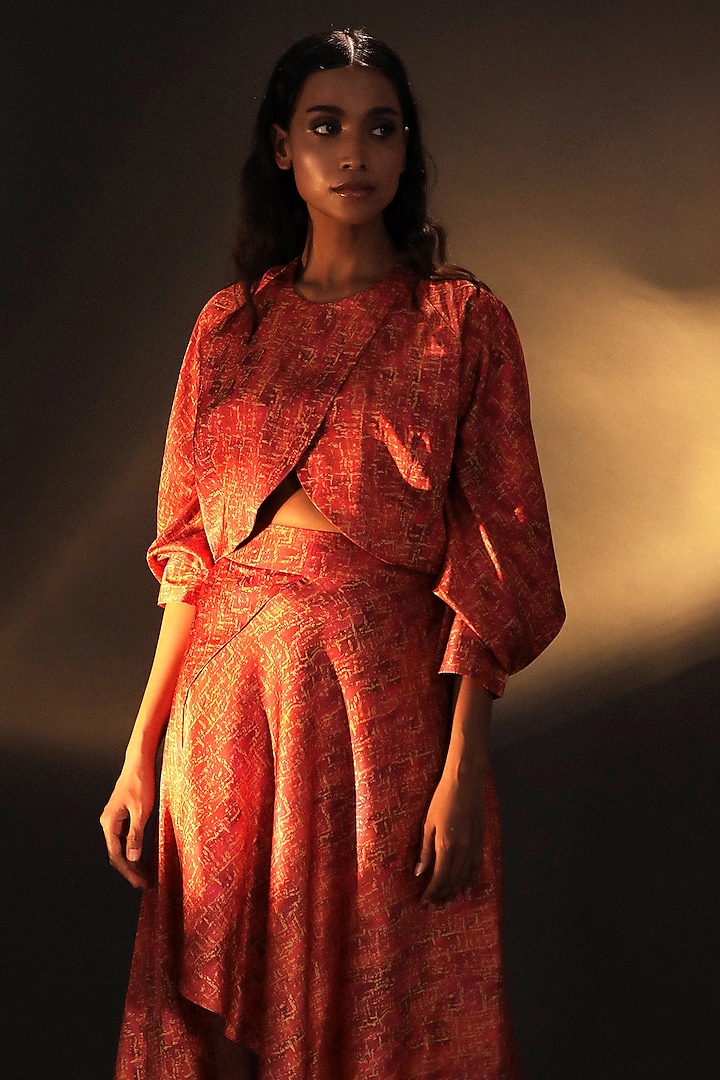 Candy Pink & Gold Satin Printed Co-Ord Set by Kaprapan By Anaita Shah at Pernia's Pop Up Shop