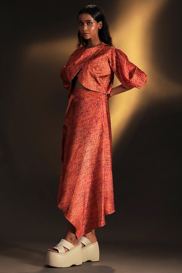 Candy Pink & Gold Satin Printed Co-Ord Set by Kaprapan By Anaita Shah at Pernia's Pop Up Shop