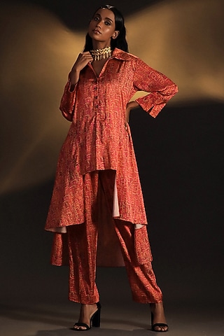 Candy Pink & Gold Satin Printed Co-Ord Set by Kaprapan By Anaita Shah