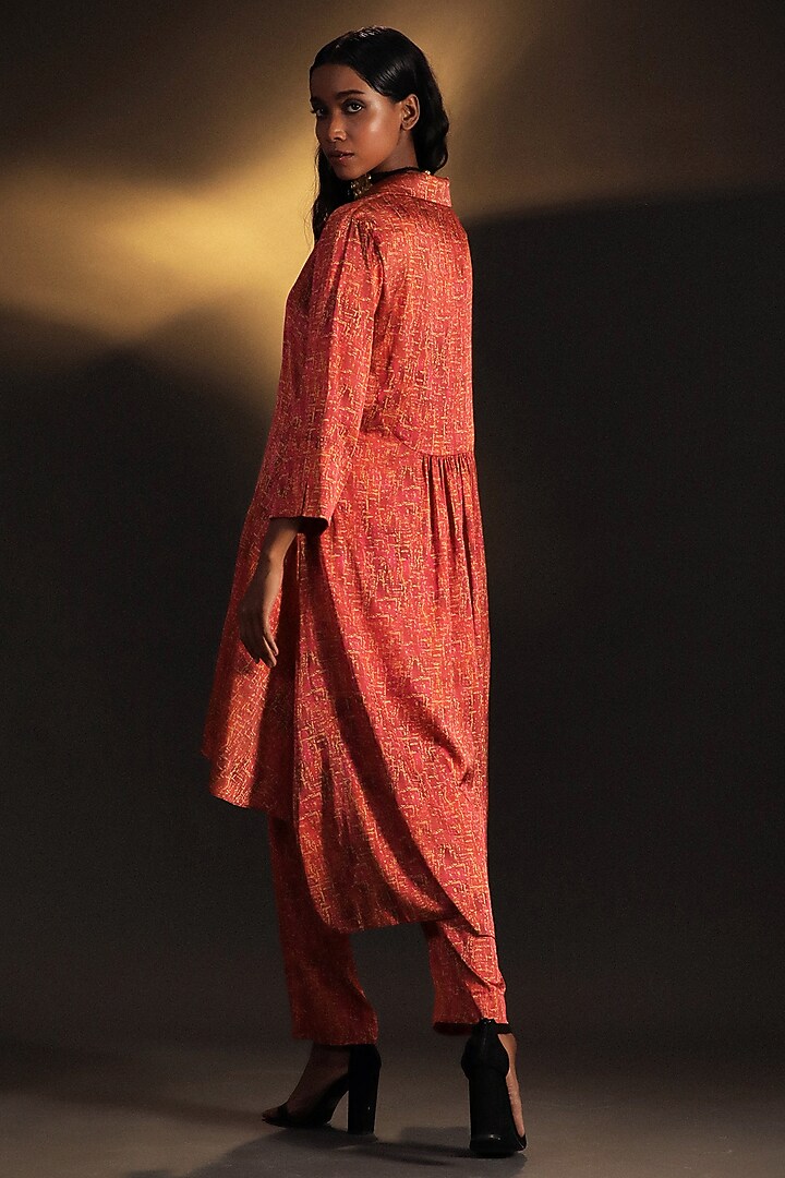 Candy Pink & Gold Satin Printed Co-Ord Set by Kaprapan By Anaita Shah at Pernia's Pop Up Shop