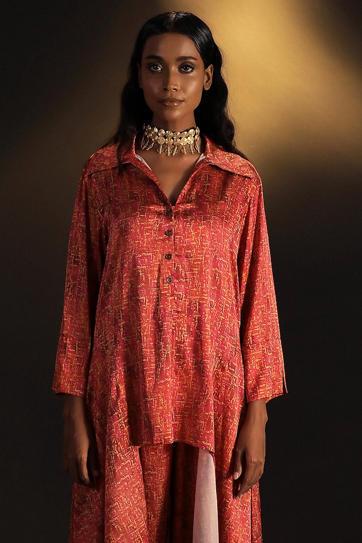 Candy Pink & Gold Satin Printed Co-Ord Set by Kaprapan By Anaita Shah at Pernia's Pop Up Shop