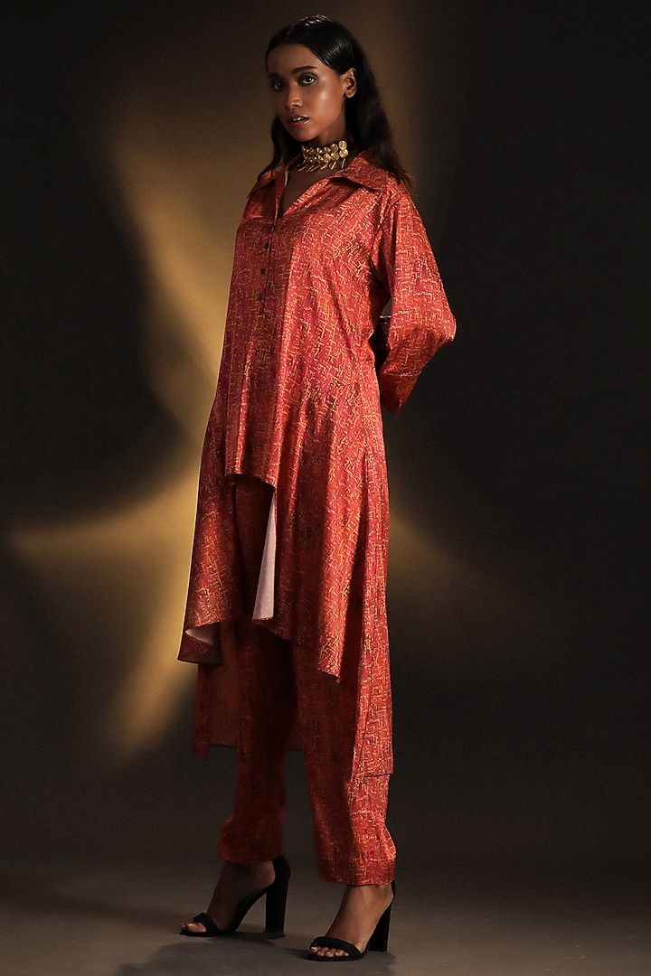 Candy Pink & Gold Satin Printed Co-Ord Set by Kaprapan By Anaita Shah at Pernia's Pop Up Shop