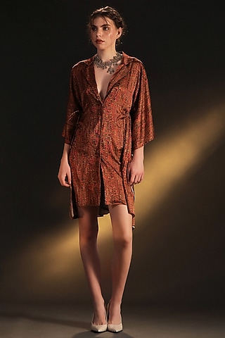 Gold & Pink Satin Printed Kaftan by Kaprapan By Anaita Shah