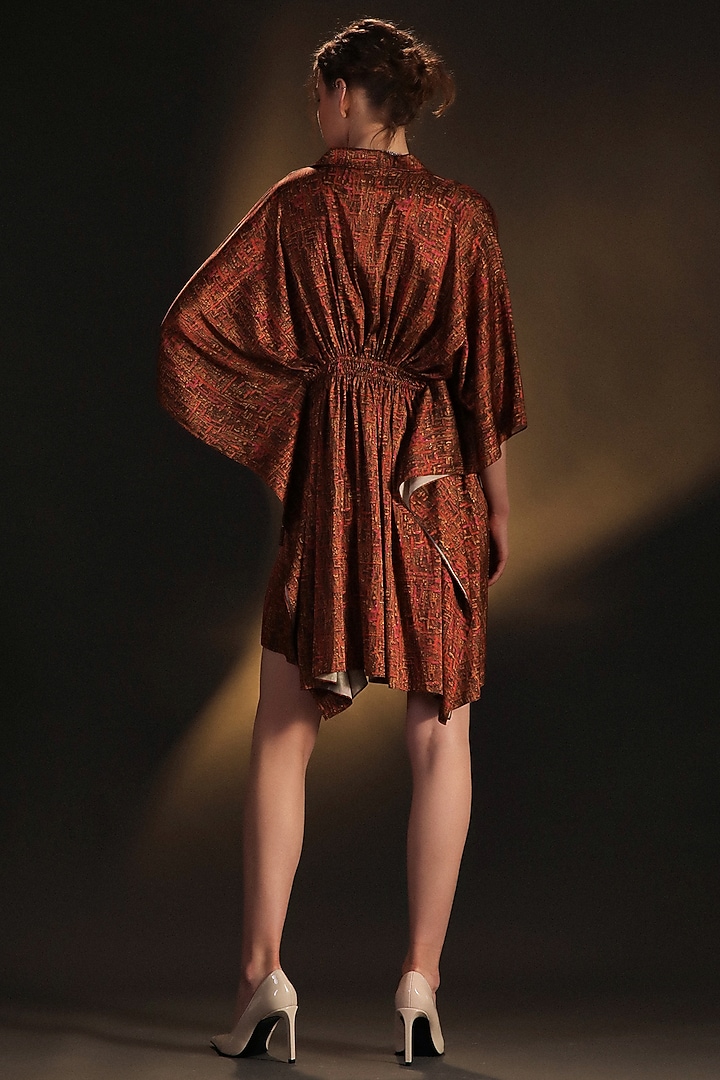 Gold & Pink Satin Printed Kaftan by Kaprapan By Anaita Shah at Pernia's Pop Up Shop
