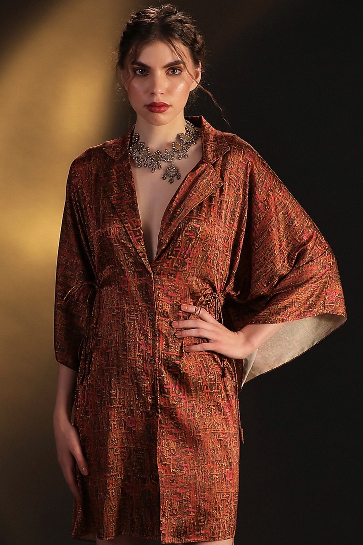 Gold & Pink Satin Printed Kaftan by Kaprapan By Anaita Shah at Pernia's Pop Up Shop