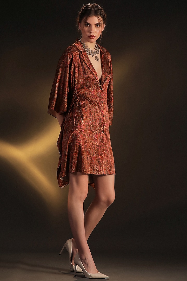 Gold & Pink Satin Printed Kaftan by Kaprapan By Anaita Shah at Pernia's Pop Up Shop