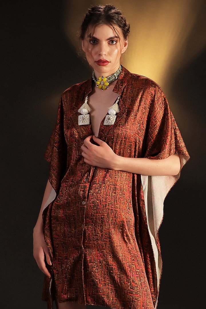 Pink & Gold Satin Embroidered Kaftan by Kaprapan By Anaita Shah at Pernia's Pop Up Shop