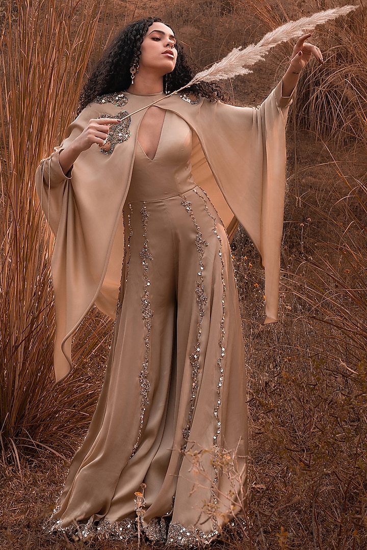 Beige Satin Chiffon Embroidered Jumpsuit With Cape by Kaprapan By Anaita Shah at Pernia's Pop Up Shop