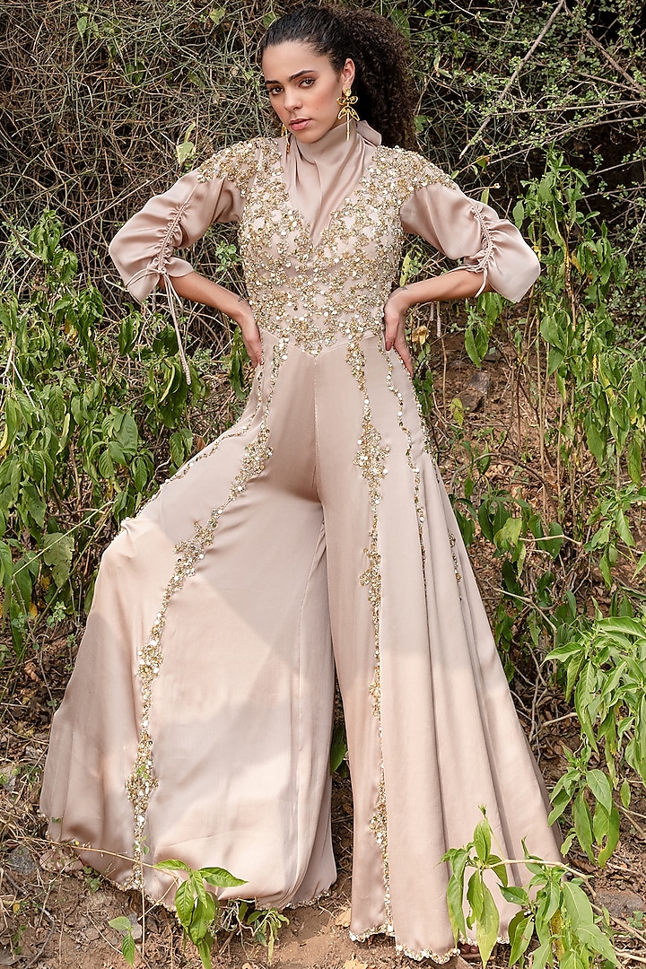 Beige Satin Chiffon Gold Embroidered Jumpsuit by Kaprapan By Anaita Shah