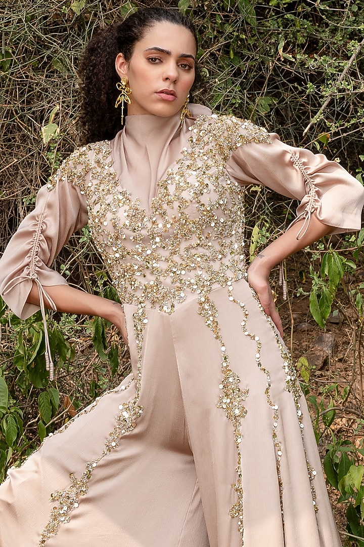 Beige Satin Chiffon Gold Embroidered Jumpsuit by Kaprapan By Anaita Shah at Pernia's Pop Up Shop
