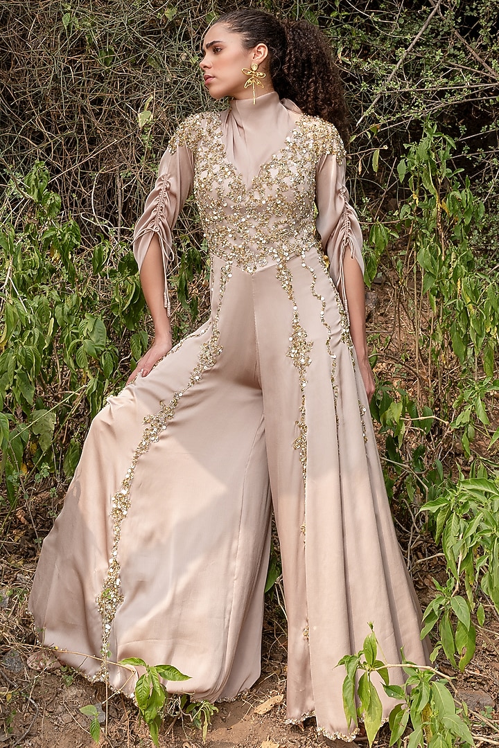 Beige Satin Chiffon Gold Embroidered Jumpsuit by Kaprapan By Anaita Shah at Pernia's Pop Up Shop