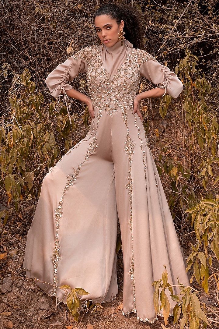 Beige Satin Chiffon Gold Embroidered Jumpsuit by Kaprapan By Anaita Shah at Pernia's Pop Up Shop